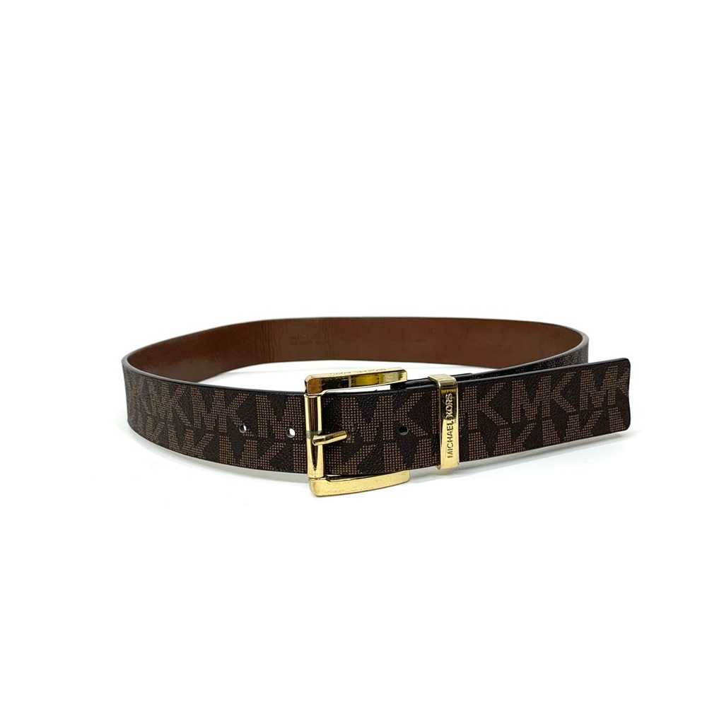 Michael Kors Brown Signature Print Faux Leather Belt With Gold Buckle Sz Medium